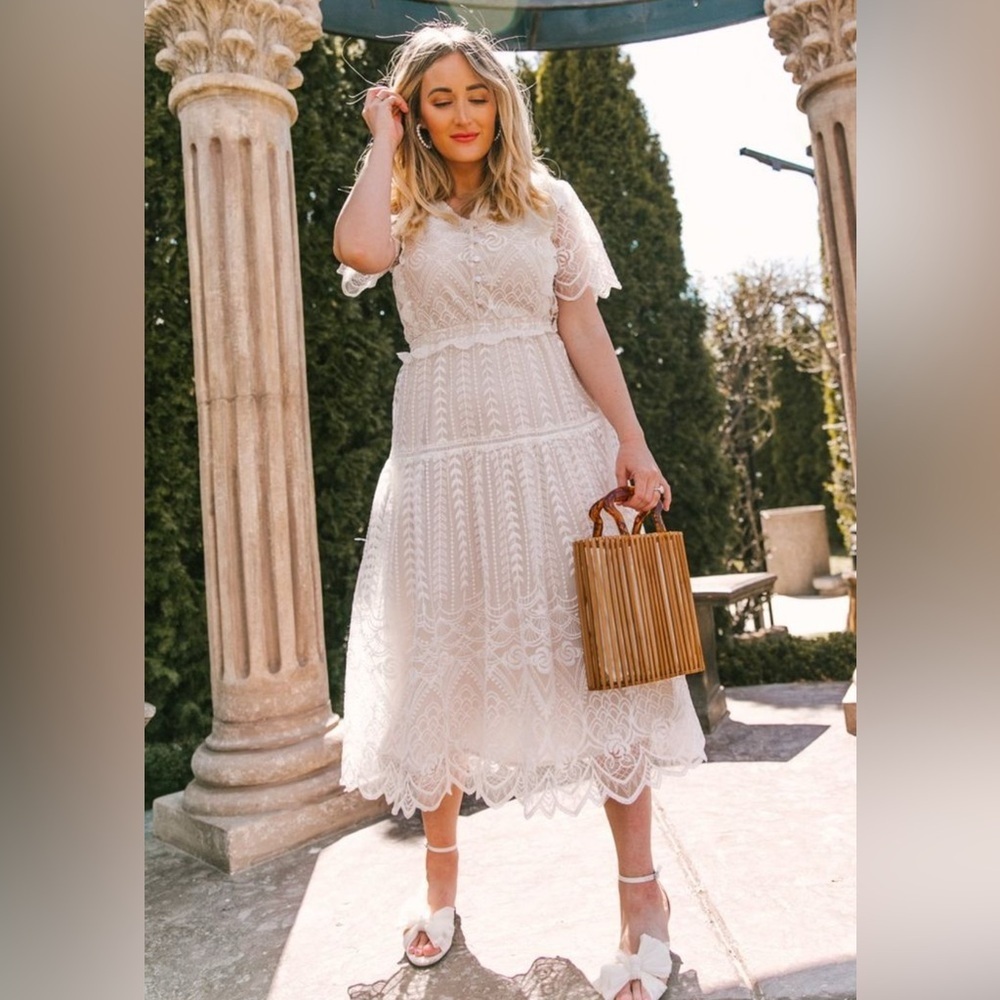 Ivy City Co Ivory Lace Midi Dress with Scalloped Hem